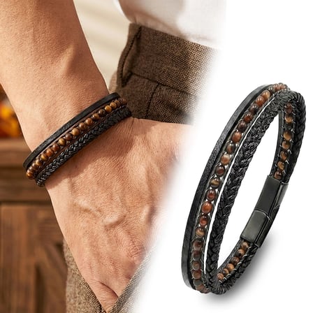 Moncuk Design Siyah Madagaskar Taşlı 316L Çelik Kilitli Çok Katmanlı Örgü Deri Erkek Bileklik 33512B9D5
