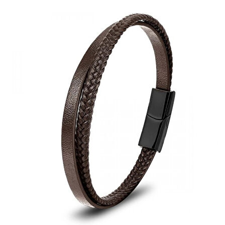 Moncuk Design Kahverengi Deri Ve Saç Örgü İkili Çoklu Çelik Bileklik 33513B12D2