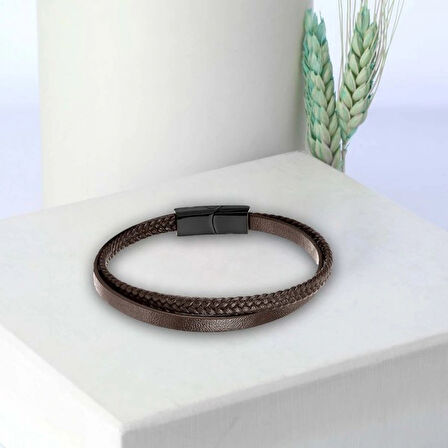 Moncuk Design Kahverengi Deri Ve Saç Örgü İkili Çoklu Çelik Bileklik 33513B12D2