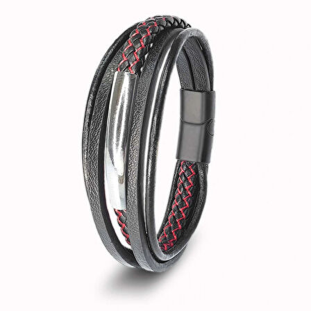 Moncuk Design Kırmızı Siyah Çoklu Deri Ve İsim Yazılabilir Çelik Plakalı Bileklik 33514B11D3