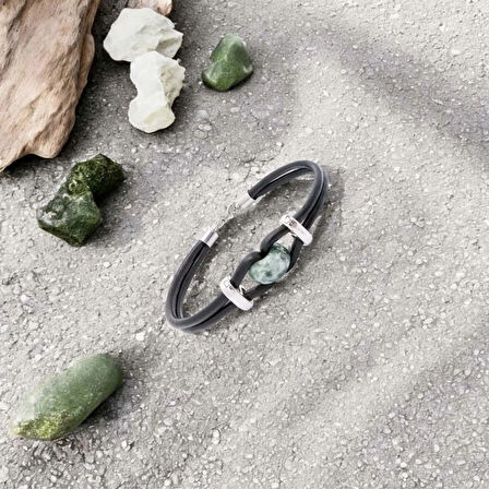 Moncuk Design Yeşil Jasper Doğal Taşlı Deri Ve Çelik Bileklik 33512B14D4