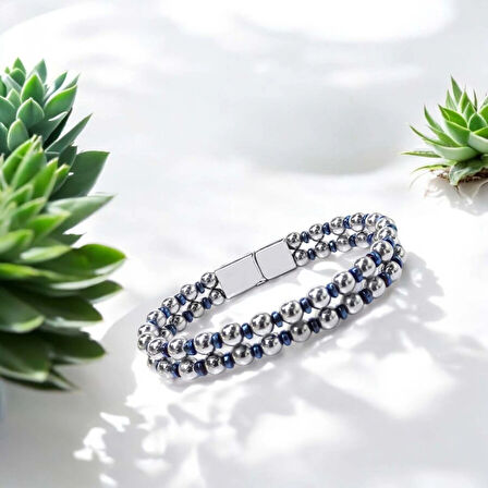 Moncuk Design Çift Gümüş Ve Mavi Renk Hematit Çelik Bileklik 33512B20D3
