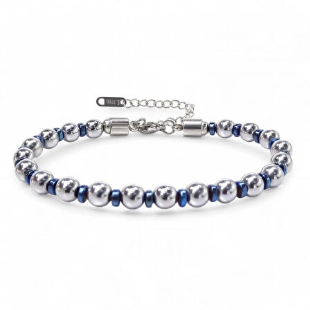 Moncuk Design Gümüş Ve Mavi Renkli Hematit Ayaranabilir Çelik Zincir Bileklik 33512B10D8