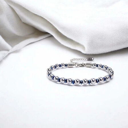 Moncuk Design Gümüş Ve Mavi Renkli Hematit Ayaranabilir Çelik Zincir Bileklik 33512B10D8