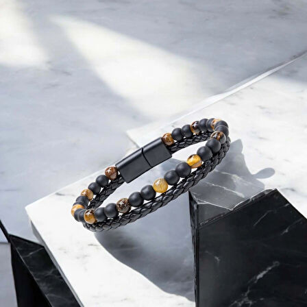 Moncuk Design Kaplan Gözü Ve Oniks Doğaltaş Deri Çelik Bileklik 33512B7D29