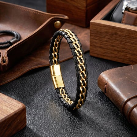 Moncuk Design Sarı Çift Zincir Çelik Ve Deri Bileklik 33514B2D4