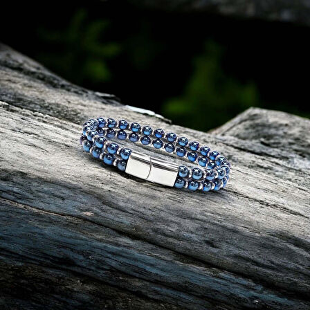 Moncuk Design Çift Mavi Ve Gümüş Renk Hematit Çelik Bileklik 33512B20D6