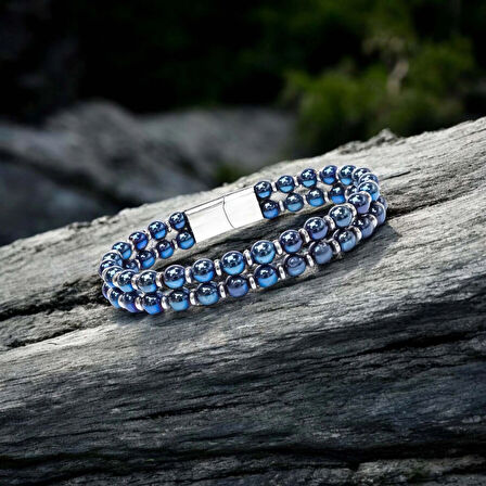 Moncuk Design Çift Mavi Ve Gümüş Renk Hematit Çelik Bileklik 33512B20D6