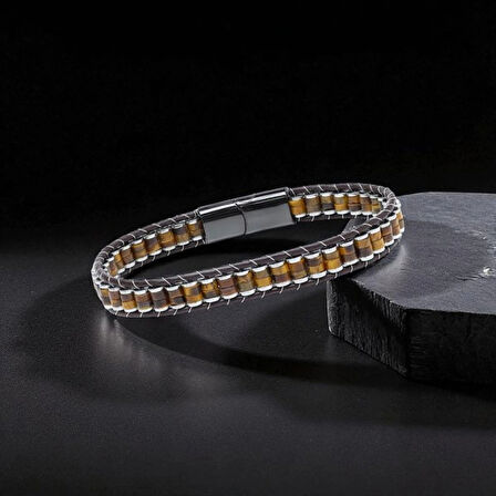 Moncuk Design Kaplan Gözü & Hematit Çelik Örgülü Deri Bileklik 33512B22D1