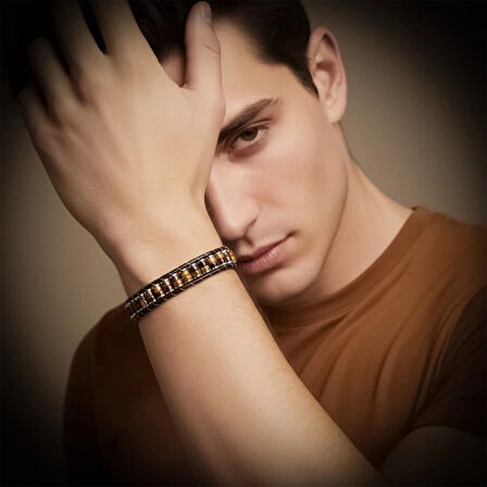 Moncuk Design Kaplan Gözü & Hematit Çelik Örgülü Deri Bileklik 33512B22D1