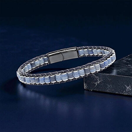 Moncuk Design Mavi Aventurin & Hematit Çelik Örgülü Deri Bileklik 33512B22D4