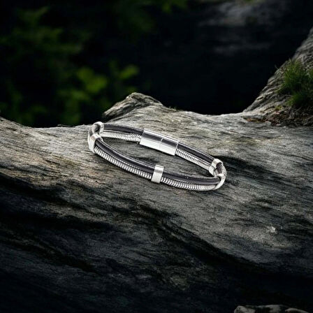 Moncuk Design Spiral Çelik Zincir Ve Deri Bileklik 3351BLK1001