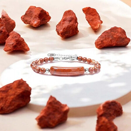 Moncuk Design Kırmızı Jasper Doğaltaş Çelik Halat Ve Çelik Klipsli Bileklik 33512B19D5