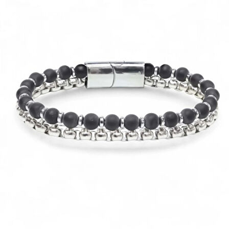 Moncuk Design Çelik Zincirli Mat Oniks Ve Silver Hematit Bileklik 33512B21D11