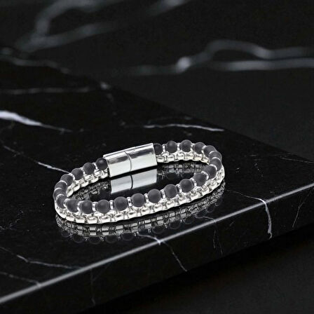 Moncuk Design Çelik Zincirli Mat Oniks Ve Silver Hematit Bileklik 33512B21D11