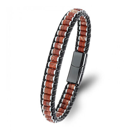 Moncuk Design Kırmızı Jasper & Hematit Çelik Örgülü Deri Bileklik 33512B22D6