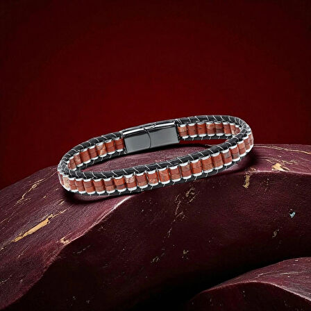 Moncuk Design Kırmızı Jasper & Hematit Çelik Örgülü Deri Bileklik 33512B22D6