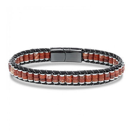 Moncuk Design Kırmızı Jasper & Hematit Çelik Örgülü Deri Bileklik 33512B22D6