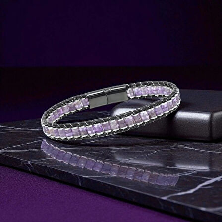 Moncuk Design Ametist & Hematit Çelik Örgülü Deri Bileklik 33512B22D7