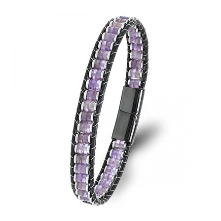 Moncuk Design Ametist & Hematit Çelik Örgülü Deri Bileklik 33512B22D7