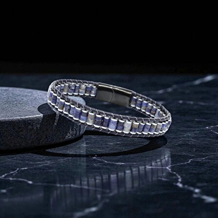 Moncuk Design Orijinal Deri, Lapis Doğaltaş ve 316L Titanyum Çelik Erkek Bileklik 33512B22D10