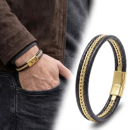 Moncuk Design Altın Renk Balıksırtı Çelik Zincir Orijinal Deri Erkek Bileklik 33516B1D1