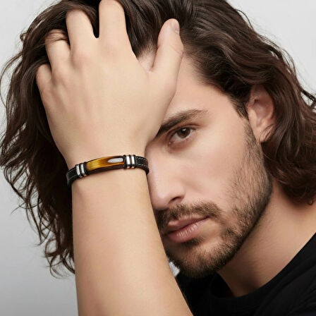 Moncuk Design Kaplangözü Taş & Deri Kordonlu Titanyum Çelik Erkek Bileklik 33512B1D1