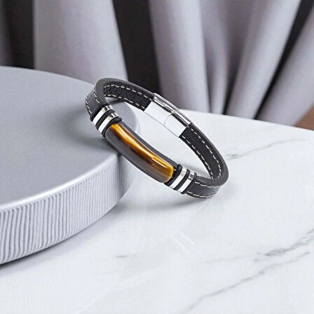 Moncuk Design Kaplangözü Taş & Deri Kordonlu Titanyum Çelik Erkek Bileklik 33512B1D1