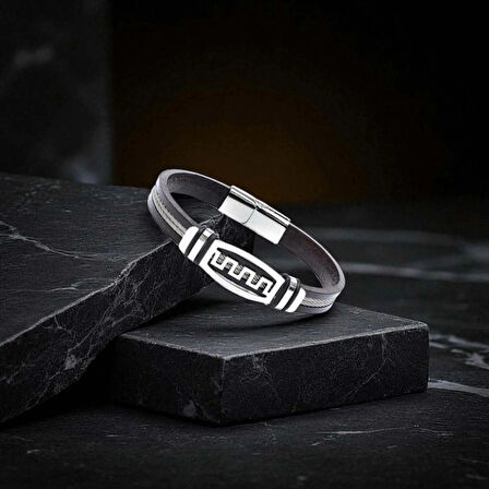 Moncuk Design Meander Motifli Çelik Halatlı Deri Erkek Bileklik 33514B17D1