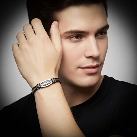 Moncuk Design Meander Motifli Çelik Halatlı Deri Erkek Bileklik 33514B17D1