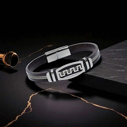 Moncuk Design Meander Motifli Çelik Halatlı Deri Erkek Bileklik 33514B17D1