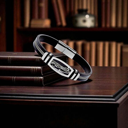 Moncuk Design Atatürk İmzalı Çelik Halatlı Erkek Deri Bileklik 33514B17D2