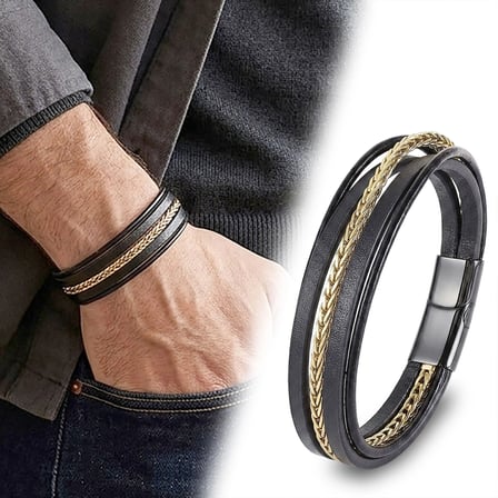 Moncuk Design Gold Çelik Zincir Detaylı Çoklu Deri Erkek Çelik Bileklik 33514B18D1