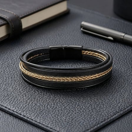 Moncuk Design Gold Çelik Zincir Detaylı Çoklu Deri Erkek Çelik Bileklik 33514B18D1