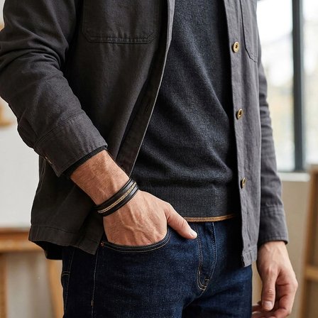 Moncuk Design Gold Çelik Zincir Detaylı Çoklu Deri Erkek Çelik Bileklik 33514B18D1