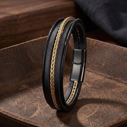 Moncuk Design Gold Çelik Zincir Detaylı Çoklu Deri Erkek Çelik Bileklik 33514B18D1