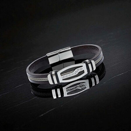 Moncuk Design Deri Kordonlu Çelik Halat Erkek Bileklik 33514B17D6