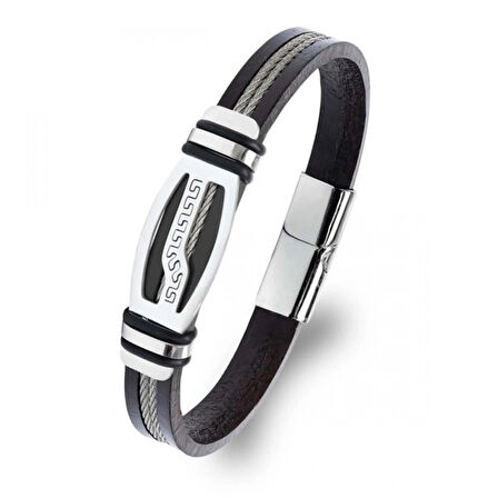 Moncuk Design Deri Kordonlu Çelik Halat Erkek Bileklik 33514B17D6