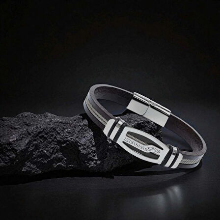 Moncuk Design Deri Kordonlu Çelik Halat Erkek Bileklik 33514B17D6