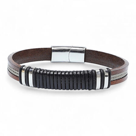 Moncuk Design Orijinal Deri ve 316L Çelik Siyah-Kahverengi Erkek Bileklik 33514B19D1