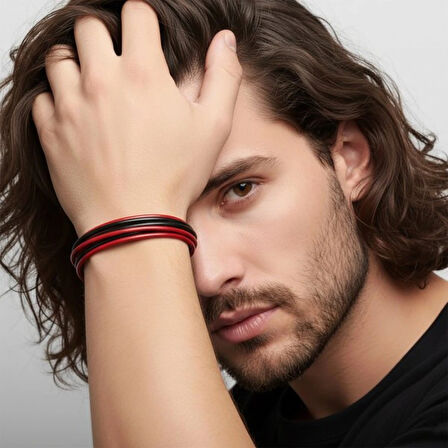 Moncuk Design Erkek Bileklik | Kırmızı Siyah Çoklu Katmanlı Tasarım 33513B13D1