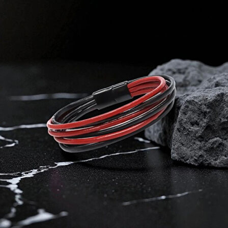 Moncuk Design Erkek Bileklik | Kırmızı Siyah Çoklu Katmanlı Tasarım 33513B13D1