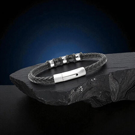 Moncuk Design Orijinal Deri ve 316L Çelik Siyah Erkek Bileklik 33514B21D1