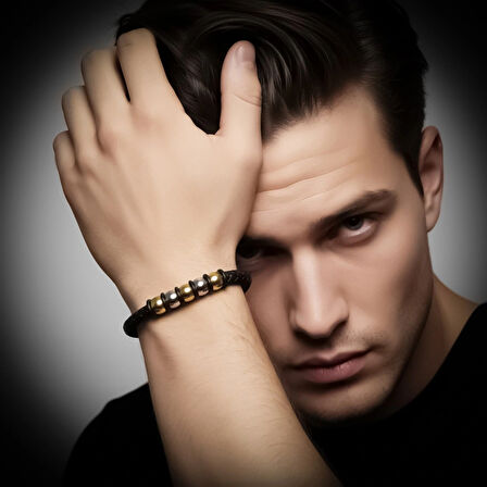 Moncuk Design Orijinal Deri ve 316L Altın Tonlu Çelik Erkek Bileklik 33514B21D2