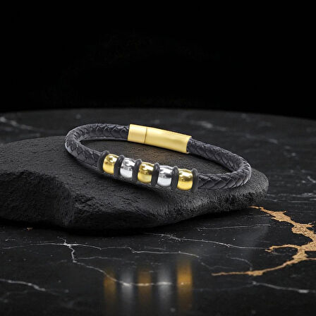 Moncuk Design Orijinal Deri ve 316L Altın Tonlu Çelik Erkek Bileklik 33514B21D2