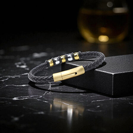 Moncuk Design Orijinal Deri ve 316L Altın Tonlu Çelik Erkek Bileklik 33514B21D2