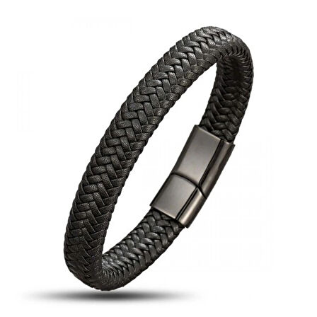 Moncuk Design Siyah Deri Örgü Çelik Bileklik 33513B4D4