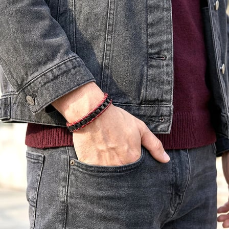 Moncuk Design Siyah Çelik Zincir Örgülü Ve Kırmızı Deri Erkek Bileklik 33514B24D2