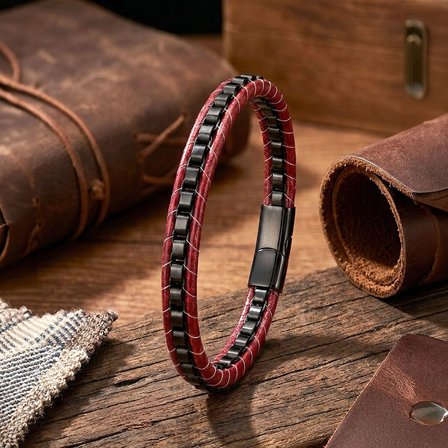 Moncuk Design Siyah Çelik Zincir Örgülü Ve Kırmızı Deri Erkek Bileklik 33514B24D2