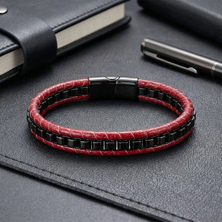 Moncuk Design Siyah Çelik Zincir Örgülü Ve Kırmızı Deri Erkek Bileklik 33514B24D2